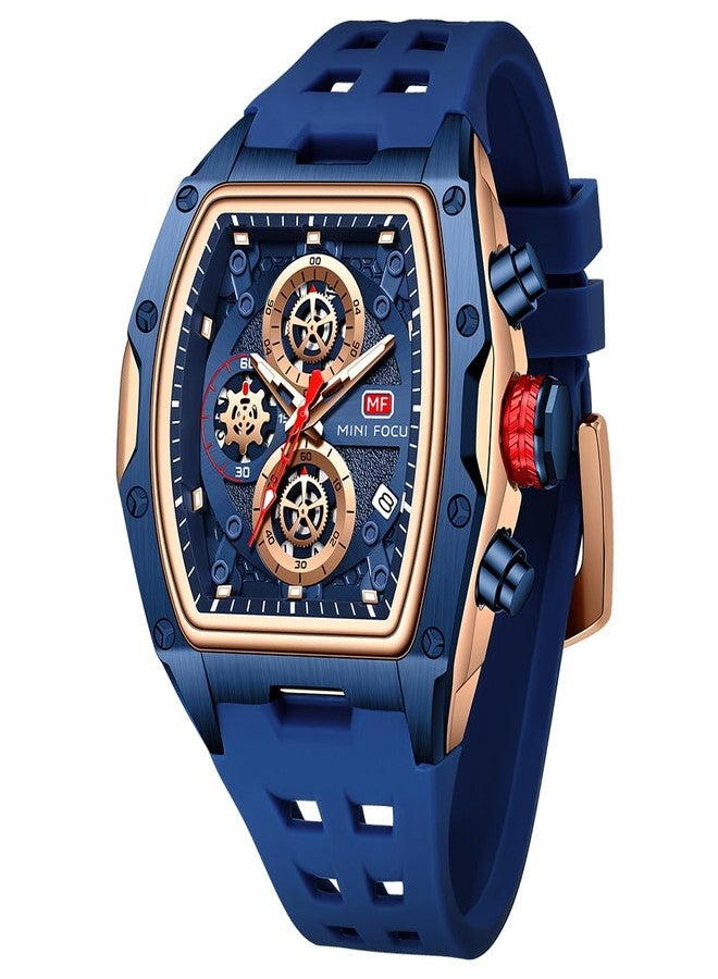 MF MINI FOCUS Men Watch Unique Tonneau Casual Wrist Watches (Chronograph/Waterproof/Luminous/Calendar/24 Hours) Silicon Band Fashion Watch for Men (Blue & Golden), (MF0473G.02) - Image 1